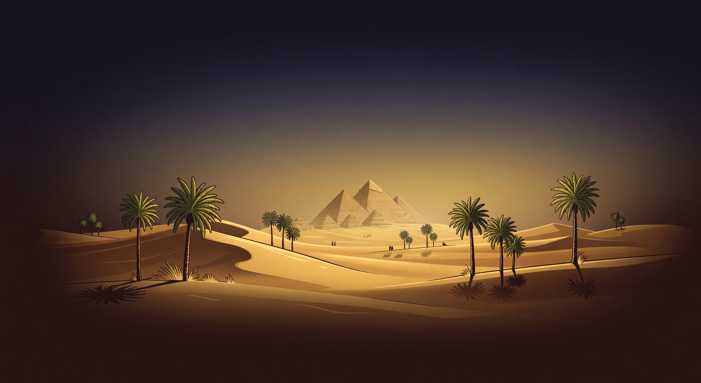 Egyptian desert landscape with pyramids at dawn